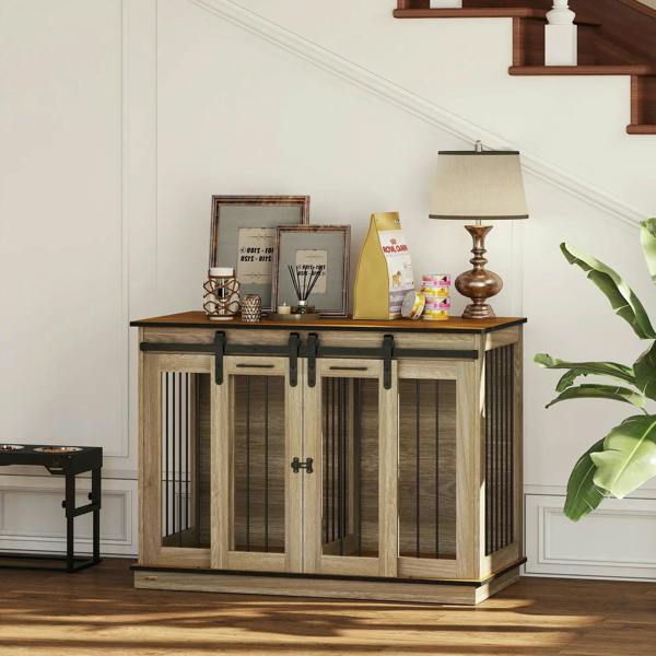 Oak-tone dog crate furniture with sliding doors, vertical metal bars, and front latch.