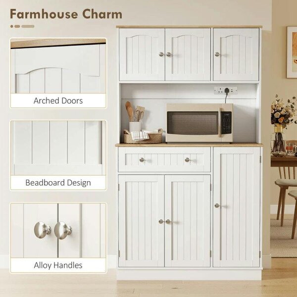 173 cm Tall Kitchen Cupboard with Charging Station, Pantry Storage Cabinet with Adjustable Shelves and 4 Door Racks