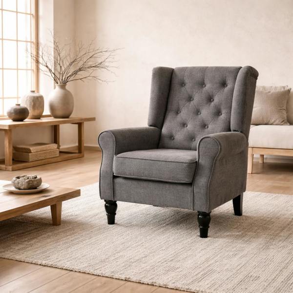 Wyld Haus Keri Molo Snow Flannel Dark Grey Wingback Accent Chair With Button Tufting And Black Legs