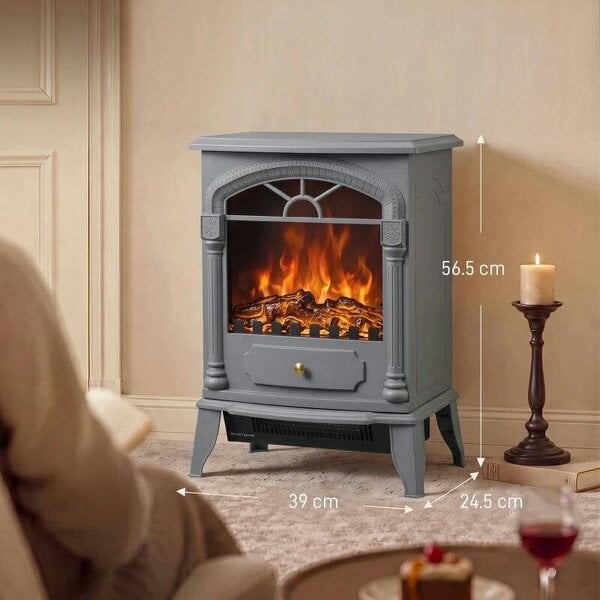 Freestanding Portable Fireplace, Electric Fireplace Stove Heater with 3D Flame Effect and Adjustable Thermostat, Grey