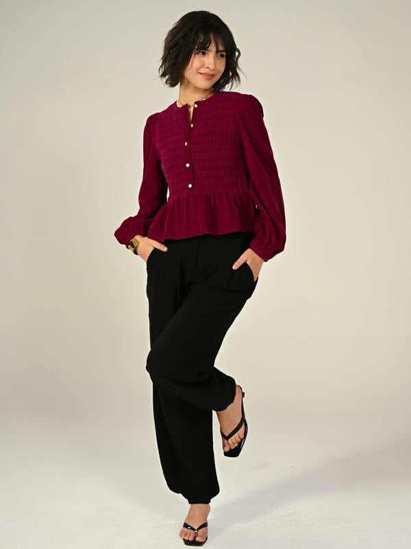 Rose & Nancy Maddie Burgundy Smocked Velvet Blouse
