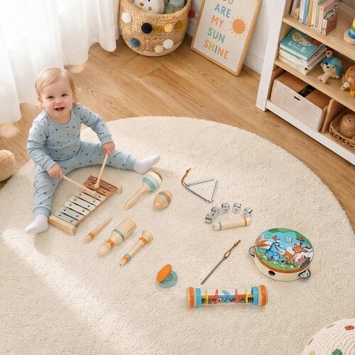 AIYAPLAY Kids Drum Kit, Wooden Baby Musical Instrument Set with Maracas