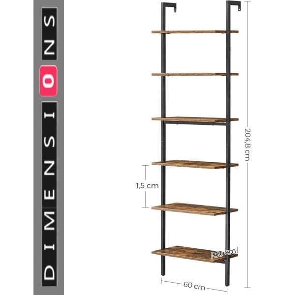 Modcraft 6-Tier Industrial Ladder Shelf, Rustic Brown & Black Tall Bookshelf for Home or Office