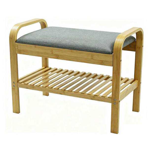Gr8 Home Bamboo Shoe Rack Bench with Cushion Seat 2 Tier Hallway Storage Shelf