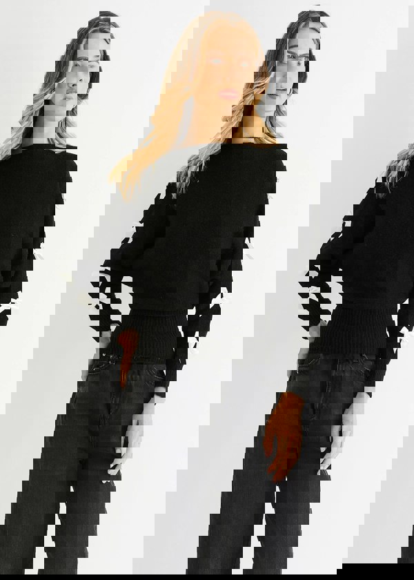 Gini London Black Slash Neck Crop Bow Knit Jumper