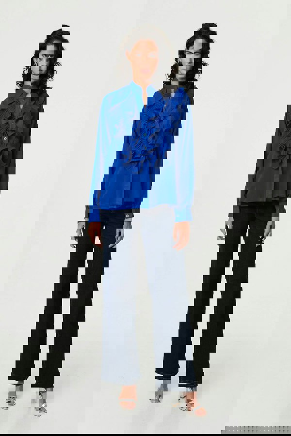 Blue | Ruffled Long Sleeve Semi Sheer Blouse
