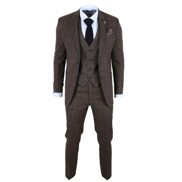 TruClothing IM11 - Men's Dark Brown 3 Piece Plaid Check Suit