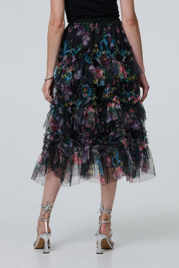 Black | Floral Semi Sheer Mesh Ruffled Midi Dress
