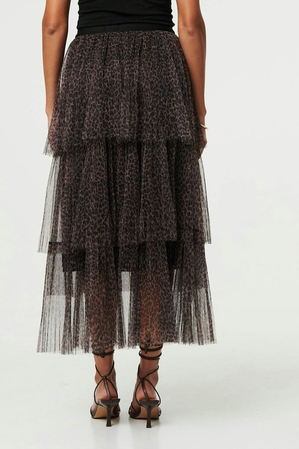 Izabel London Animal Print Tiered Midi Skirt