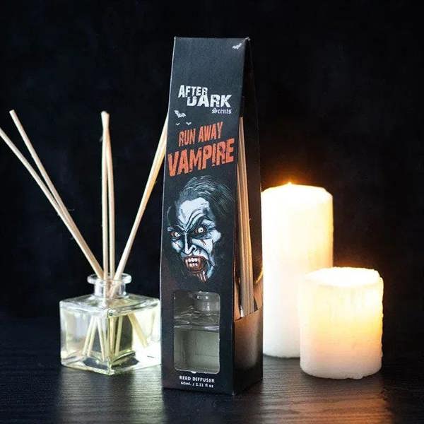 Vampire reed diffuser box with clear glass bottle and four pale reed sticks