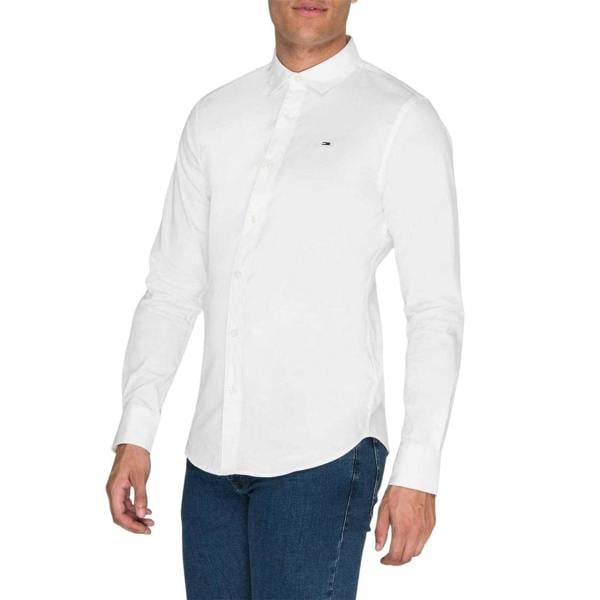 Tommy Jeans Mens Plain Stretch Long-Sleeved Shirt - White - 