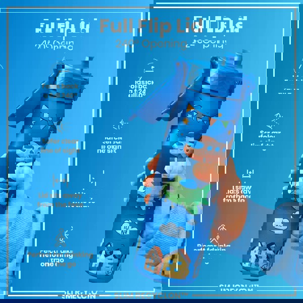 A blue water bottle, featuring airplane and house graphics, is held; its full flip lid opens 240°. The bottle is shown against a solid blue background. The text reads: "Full Flip Lid 240° Opening," "Folds back a full 240°," "Safer clear line of sight," "Lid sits away from the face," "Perfect for drinking on the go," "ION8," "SLIM RECYCLON™".