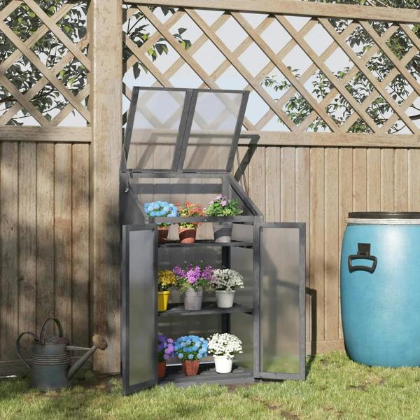 Grey cold frame greenhouse with open double doors and interior shelves