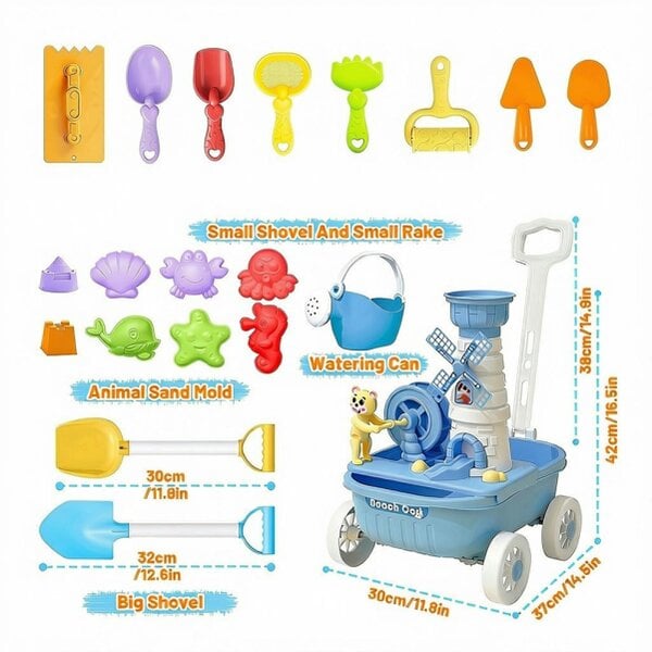 deAO Toys Kids Beach Cart Sand & water Toy Set - Windmill Sand Wheel, Moulds, Shovels & Accessories - Outdoor Summer Play Set