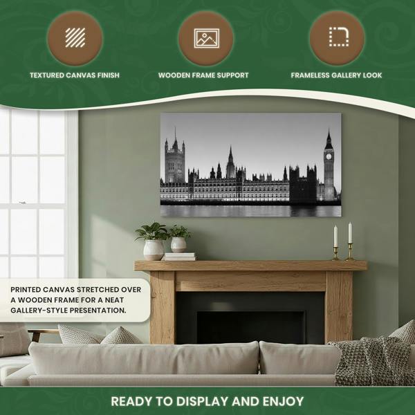 Big Ben LED Canvas Wall Art – London Parliament Print with 15 Lights, Stretched Wooden Frame, 100 × 60 cm