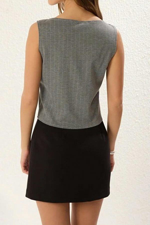 WOVCOR Striped Ribbon Tie Detail Fitted Square Neck Knitted Blouse