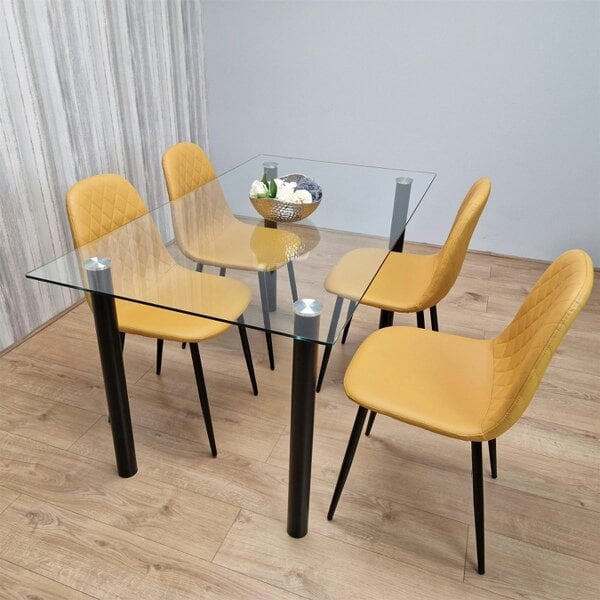 Kosy Koala Glass Dining Table with 4 Mustard Chairs Dining Room Dining Table set for 4