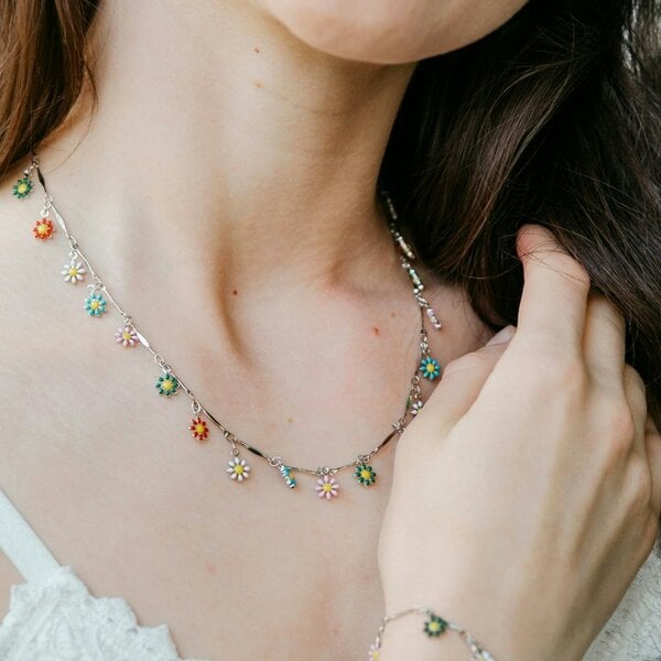The Colourful Aura Colourful Rainbow Flower  Indie Boho Daisy Charms Dangle Choker Summer Necklace - Silver