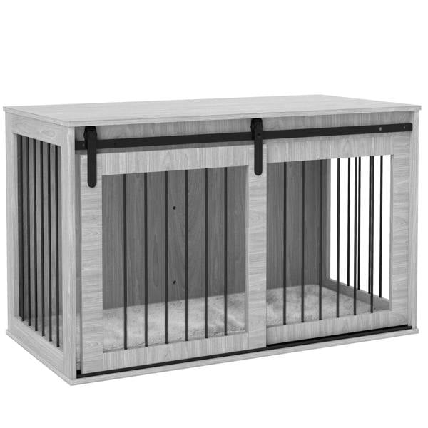 Grey dog crate furniture with removable cushion and black latch bar