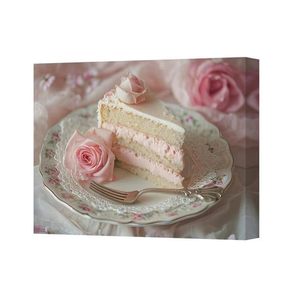 Benjamin Tate Design Pink Rose Cake Canvas Art Print On Floral Plate Handmade In United Kingdom