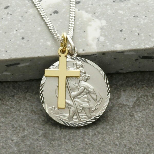 Christopher James of London Sterling Silver Diamond Cut 20mm St Christopher & 9ct Yellow Gold Cross Pendant With Optional Engraving and Chain
