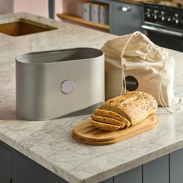 Cooks Professional Bread Bin, Linen Bag and Bamboo Board Set | Grey / Silver