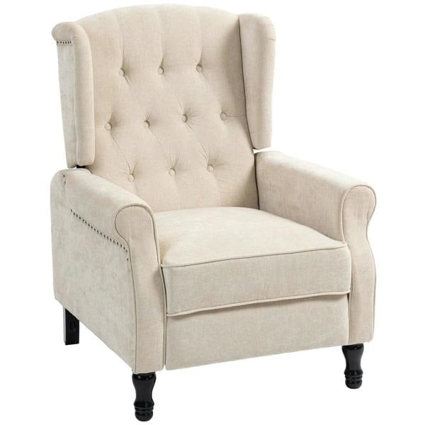 Beige vintage reclining armchair with footrest, tufted back and padded arms