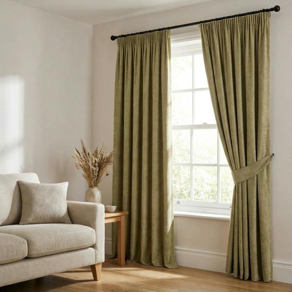 Tuvalu made-to-measure curtains in Apple, styled in a living room