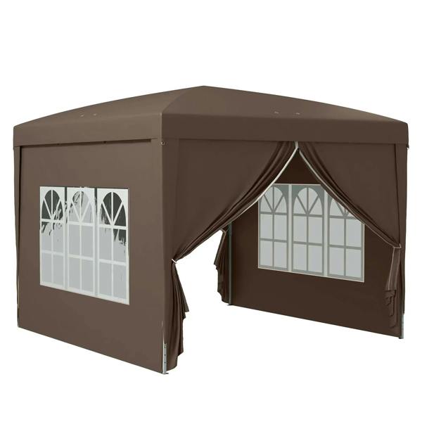 Coffee pop up gazebo canopy with draped side curtains and white window panels