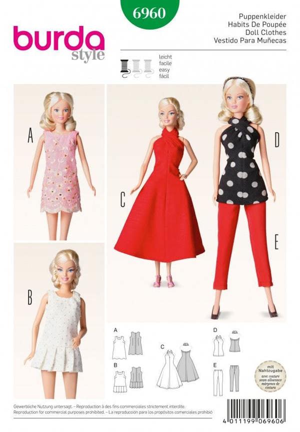 Burda Sewing Pattern 6960 Doll Clothes , Fits Barbie Style Doll - Easy