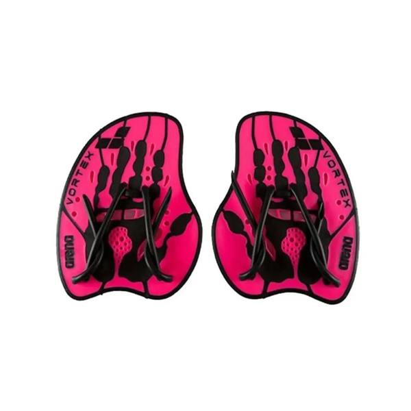 Pink and black Arena Vortex Evolution hand paddles with textured grip