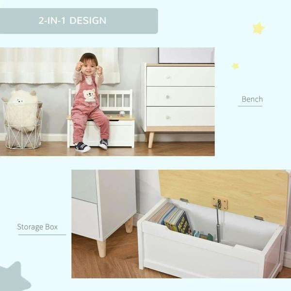 White 2-in-1 storage bench with light wood seat and open storage box