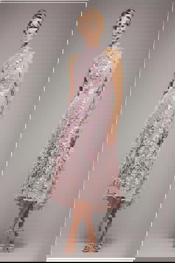 Halter Neck Lace High And Low Dress - Blush Pink DR3346M