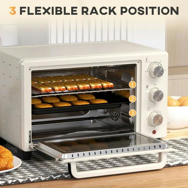 Cream mini countertop oven with open door showing multi-level rack positions