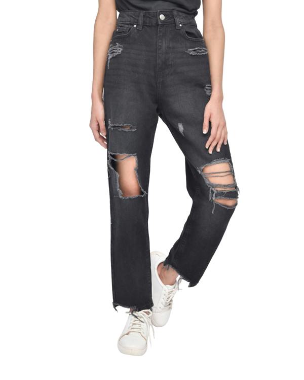 Smart Living Women's Casual Style High-Waist Torn Hem Rip Mom Jeans - Black