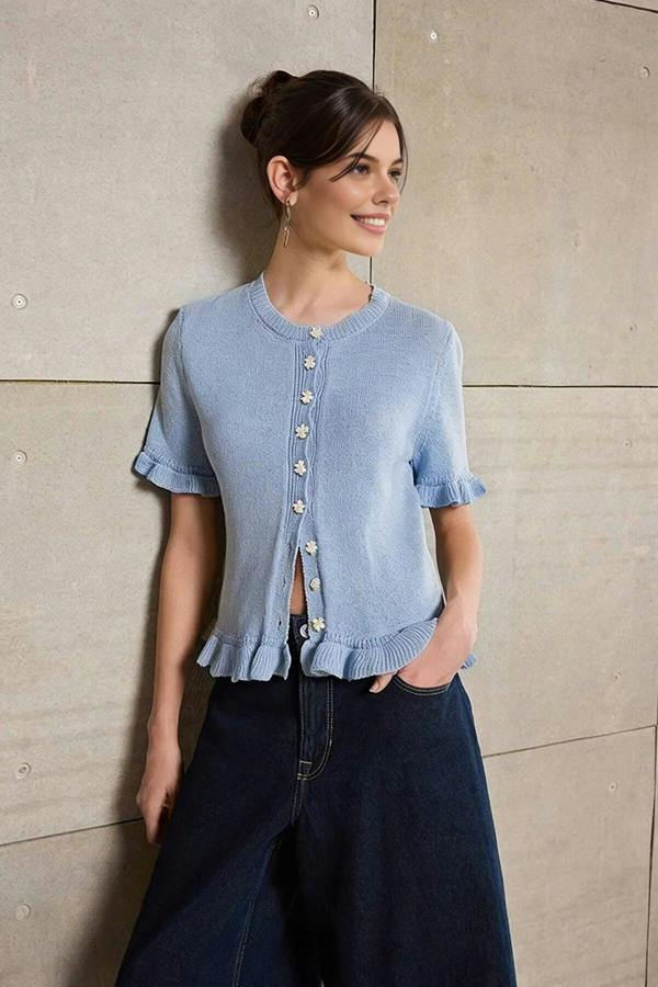 WOVCOR Flower Button Detail Crew Neck Knit Blouse