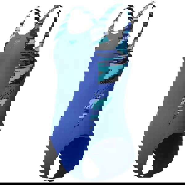 Royal blue Speedo girls hyperboom splice muscleback swimsuit with geometric pattern