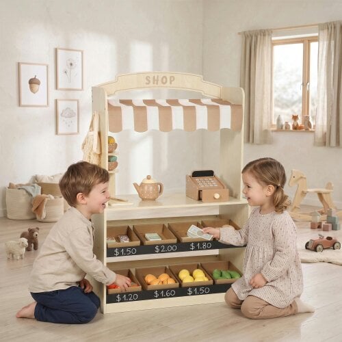 AIYAPLAY Pretend Play Shop Wooden Kids Grocery Store Playset with Play Food