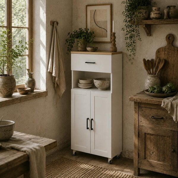 Wyld Haus Yoelna 130cm Wooden White Nordic Kitchen Cabinet 1 Drawer 2 Doors And Open Counter