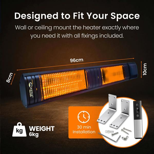Castle Heaters 2500W Wi-Fi Infrared Patio Heater – Low Glare, Remote Control, IP65 | KMH-25R9