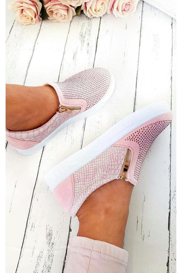 Leah Crystal Suede Zip Pumps Trainers - Pink