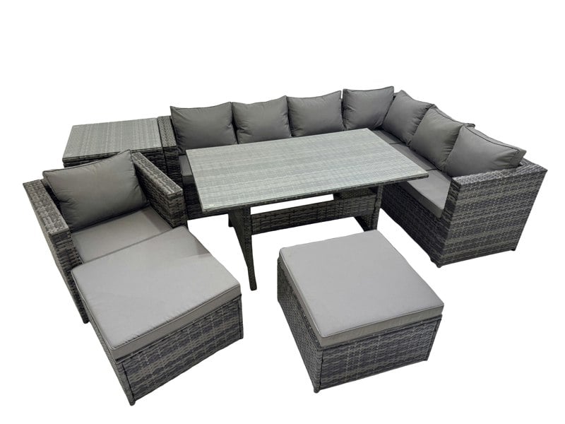 Fimous Rattan Garden Furniture Set Outdoor 9 Seater Patio Dining Corner Sofa Sets with Dining Table Chair 2 Big Stools Side Table Dark Grey Mixed
