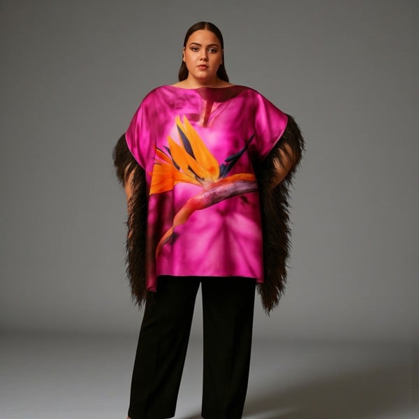 Sylvia Piechulla Bird of Paradise Pink Purple Silk Black Feather Top
