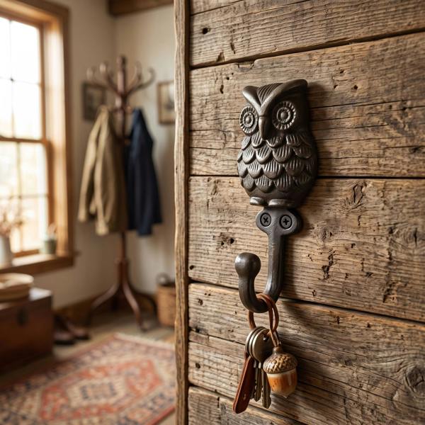 Antique cast iron owl hook mounted on rustic wooden wall, holding keys and decorative items in a cozy entryway.