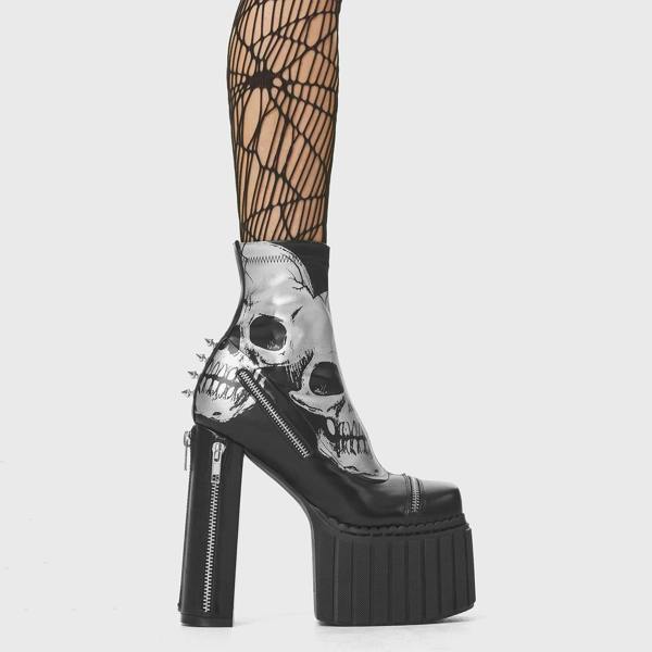 Lamoda Unbowed Black PU Skull Platform Boots Gothic Edgy Street Fashion