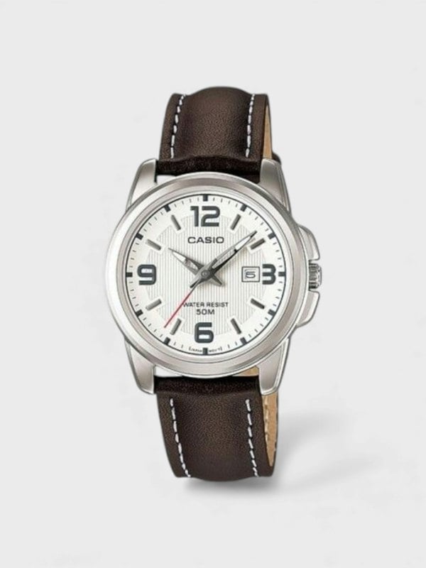 Casio Analogue MTP White Dial Watch Brown