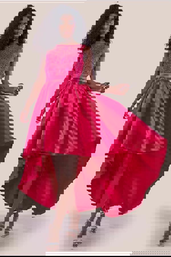 Sequin & Satin Dipped Hem Midi  - Hot Pink DR3621