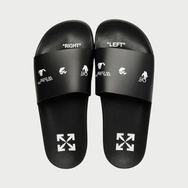 Supplied Fashion black unisex slides with white Swimming Man logo and Right Left text on the straps