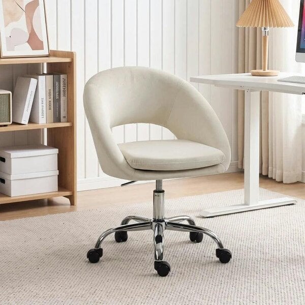 Velvet Desk Chair, Modern Office Chair with Height-Adjustable, Wheels, for Home Study Bedroom, Cream