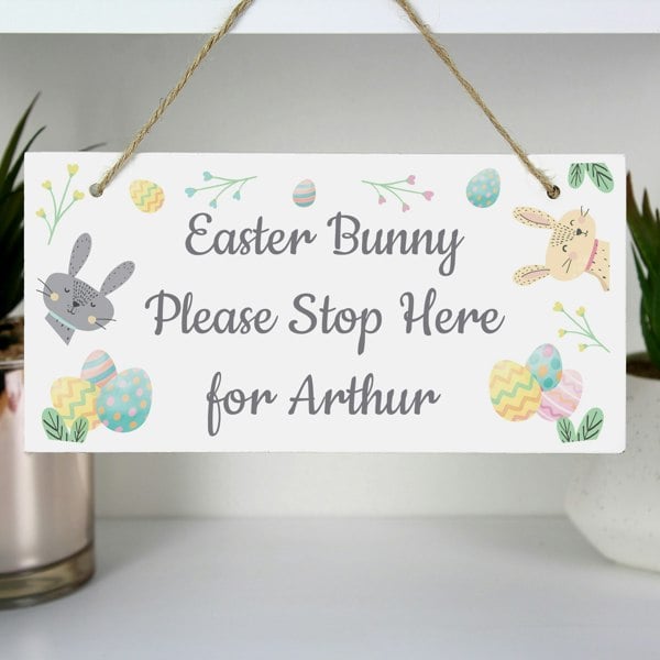 Personalised Memento Company Personalised Easter Bunny Stop Here Wooden Sign